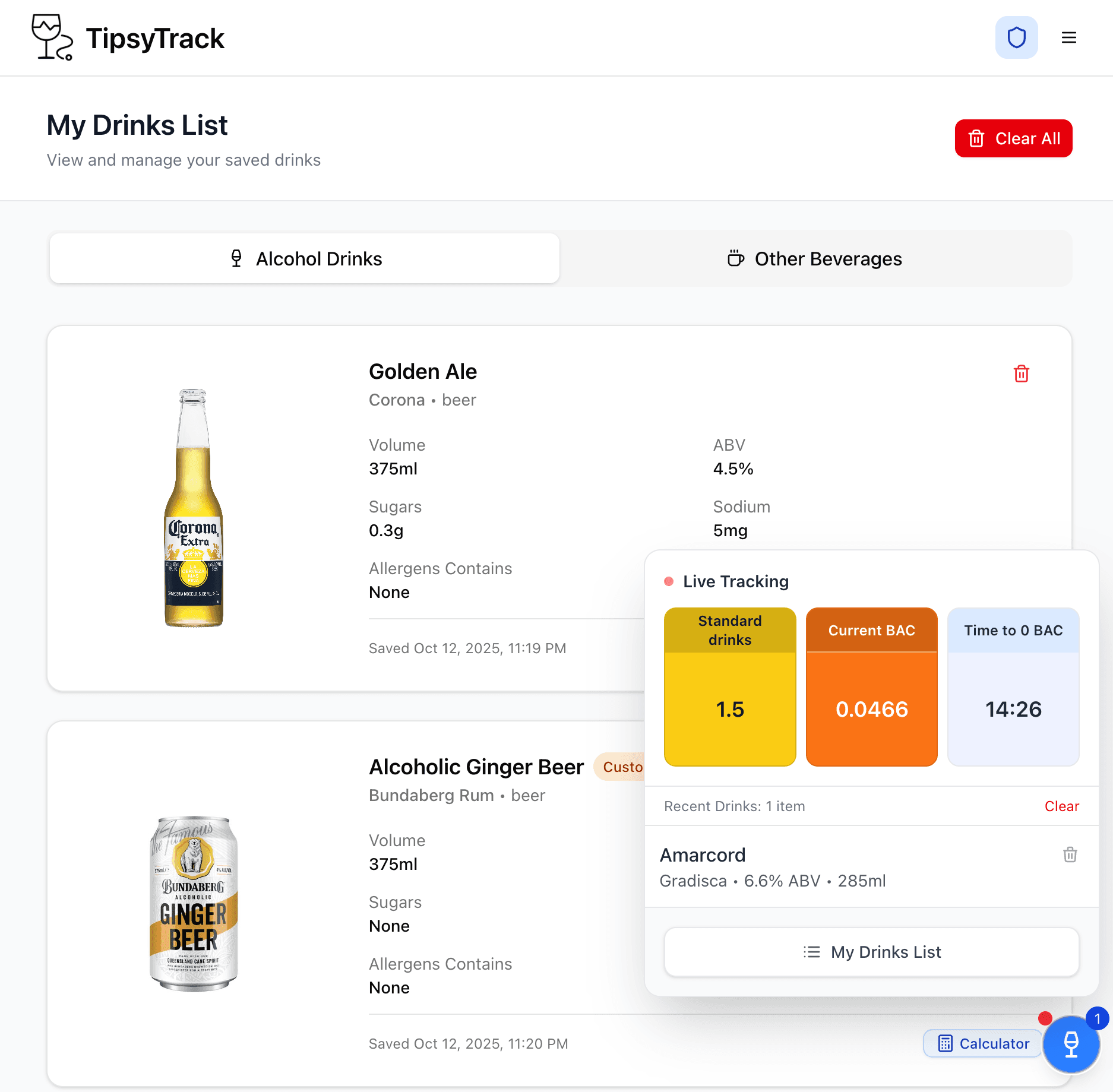 Live Tracking & My Drinks List screenshot