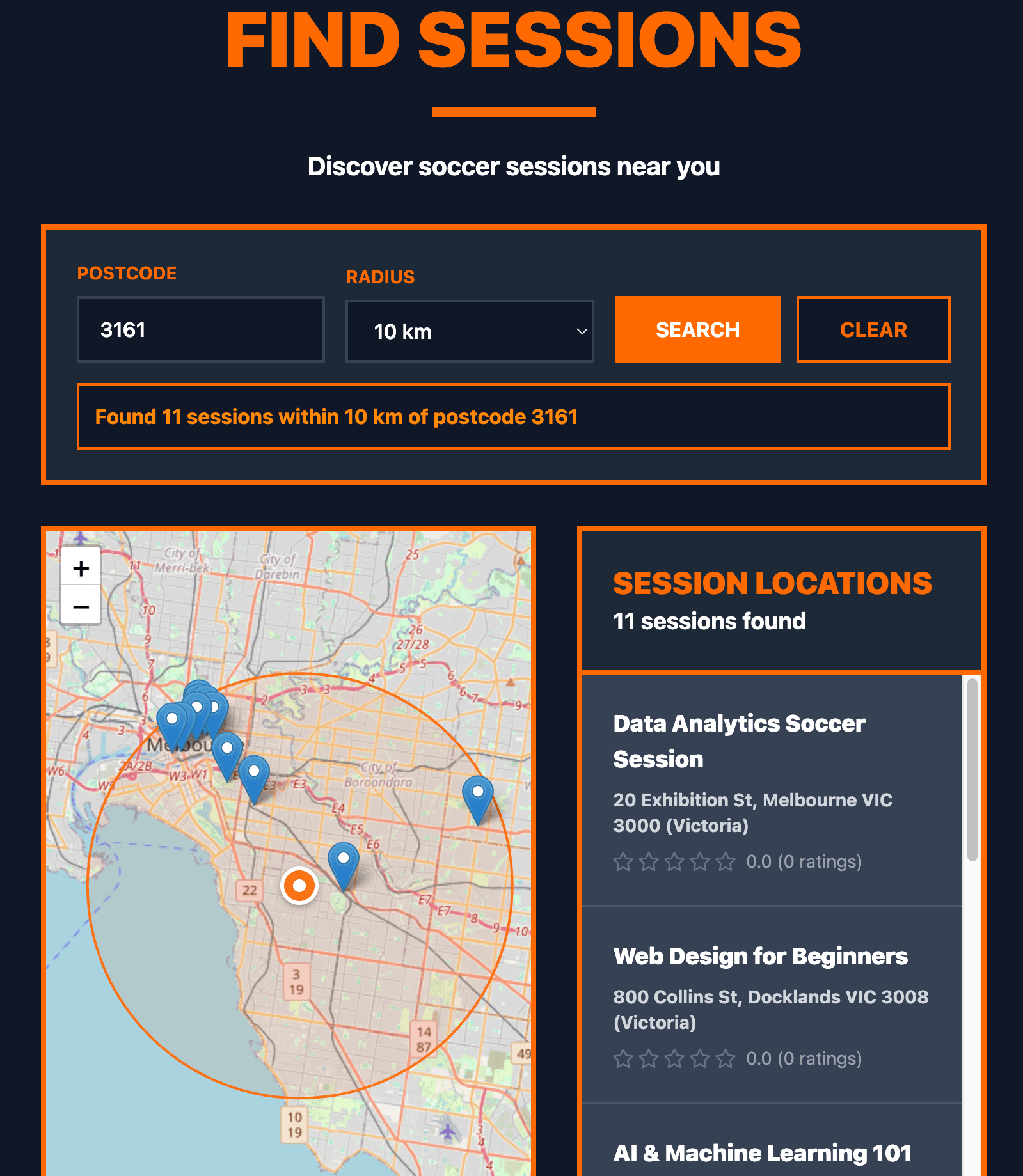 Find Sessions Page screenshot